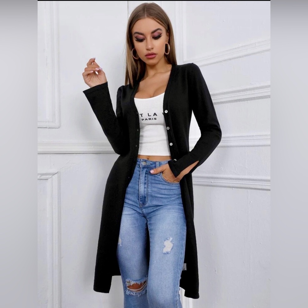 Black Knit Button-Up Long Cardigan NWOT